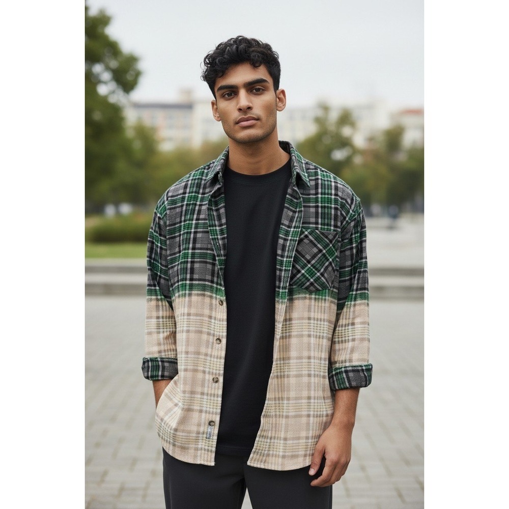 FOREVER 21 Two Tone Plaid Flannel Shirt‎ Men's Green Tan Bleached SIZE M